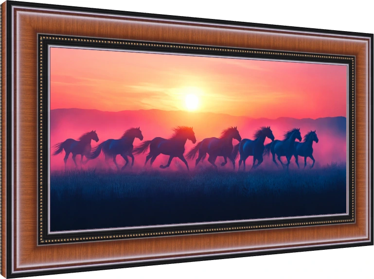 Silhouette of seven majestic horses running across a grassy field under a vibrant pink and orange sunset. — photo frame preview | PrintPosters.in
